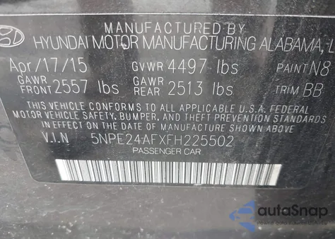 2015 Hyundai Sonata Se z USA, uszkodzony, nr VIN 5NPE24AFXFH225502